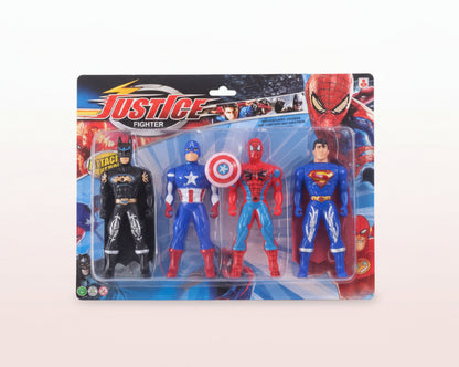 Superhero action figures in packaging with Justice League branding.