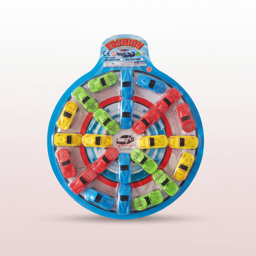 Colorful toy cars on a circular stand with packaging labeled 'Fashion' on a beige background.