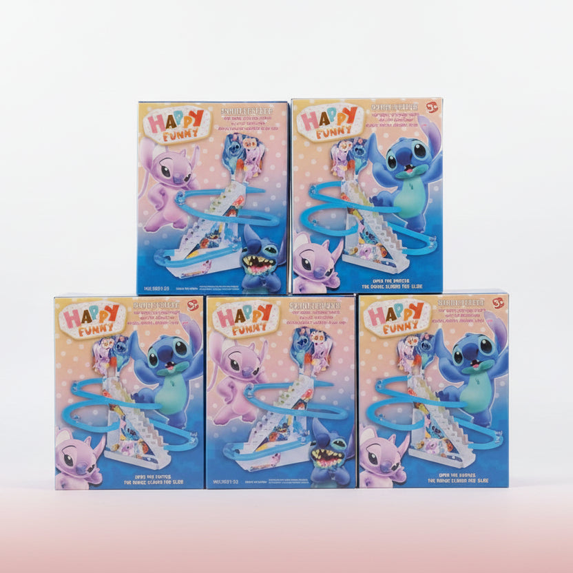 Five boxes of Happy Fun Kids toy sets on a wooden surface with a beige wall background.