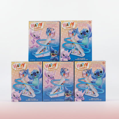 Five boxes of Happy Fun Kids toy sets on a wooden surface with a beige wall background.