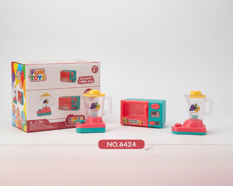 Toy kitchen set with a blender and microwave on a pink background, featuring the number 6424.
