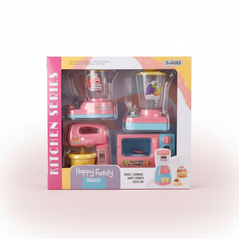 Toy kitchen set packaging with blender, mixer, and other appliances on a wooden surface.