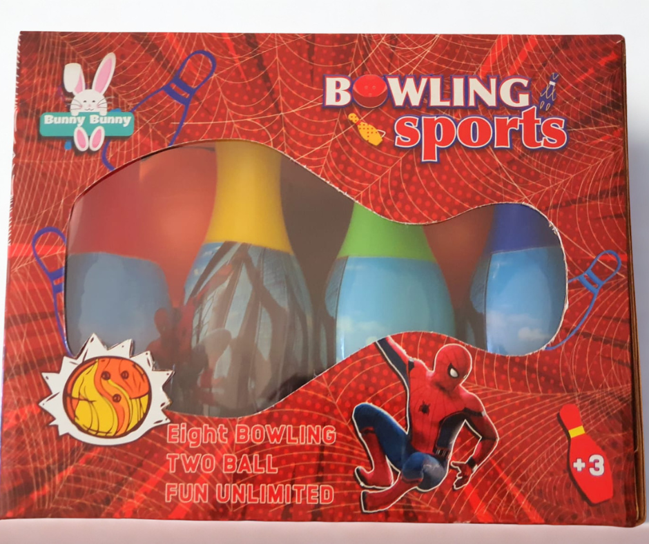 Bowling sports set packaging with colorful bowling balls and Spider-Man graphic on a red background.