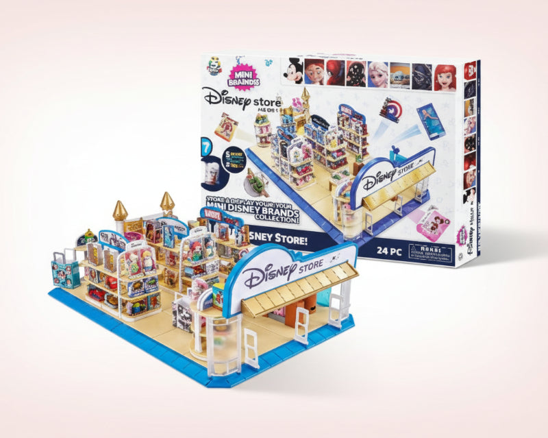 Toy Disney store display set with mini figures and packaging on a white background