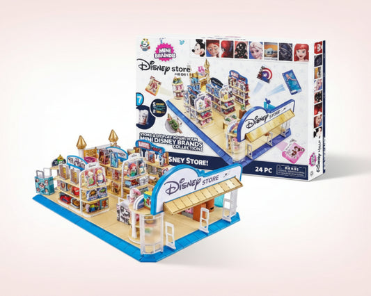 Toy Disney store display set with mini figures and packaging on a white background