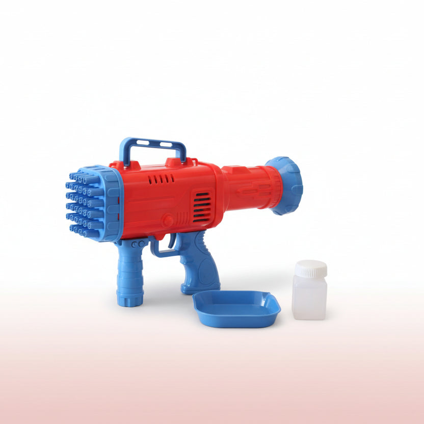 Red and blue toy water gun on a wooden surface with a white wall background