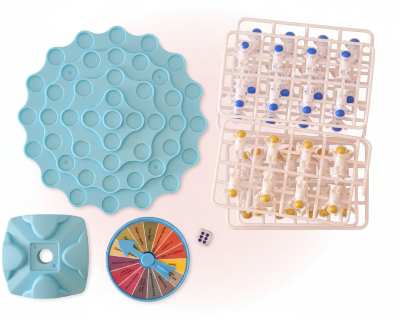 Collection of educational tools including a blue mold, color wheel, and grid with small figures on a wooden surface.