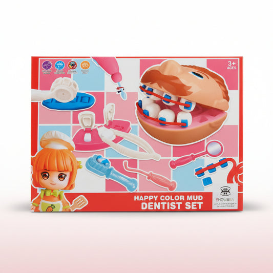 Box of Happy Color Mud Dentist Set with illustrations of dental tools and a character on a colorful background.
