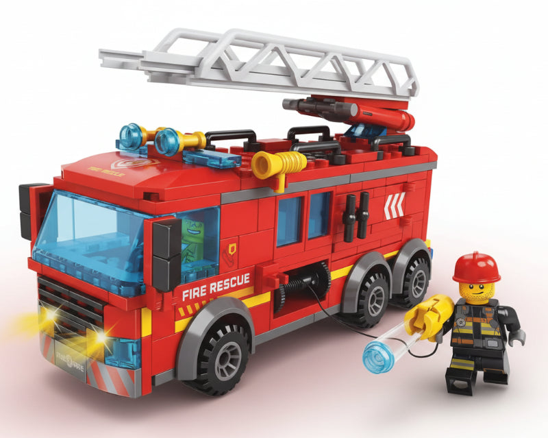 LEGO fire rescue set packaging with fire truck and firefighter figure on a wooden surface