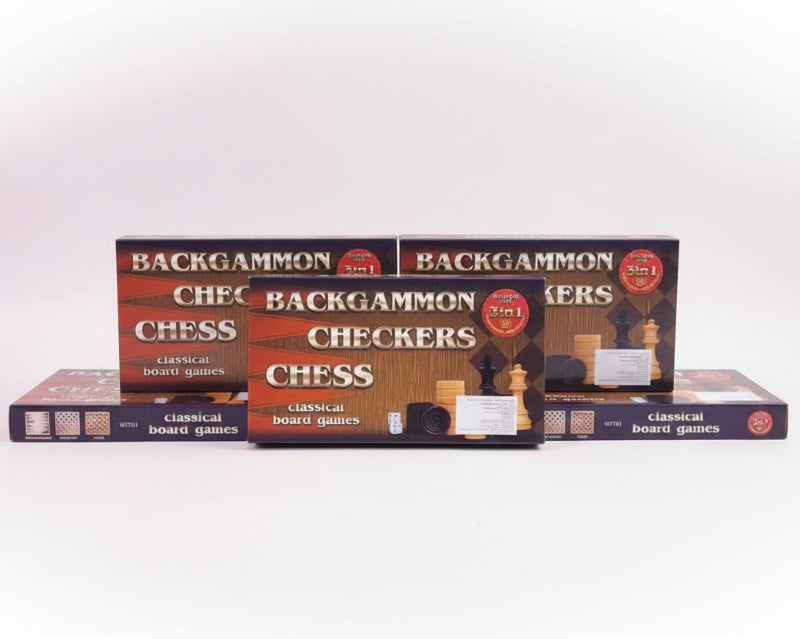 Collection of backgammon, checkers, and chess boxes on a wooden surface.