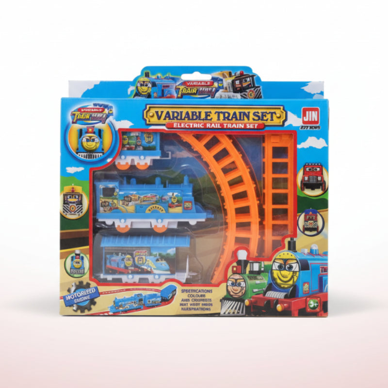 Toy train set packaging with colorful design on a wooden surface