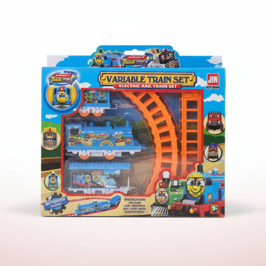 Toy train set packaging with colorful design on a wooden surface