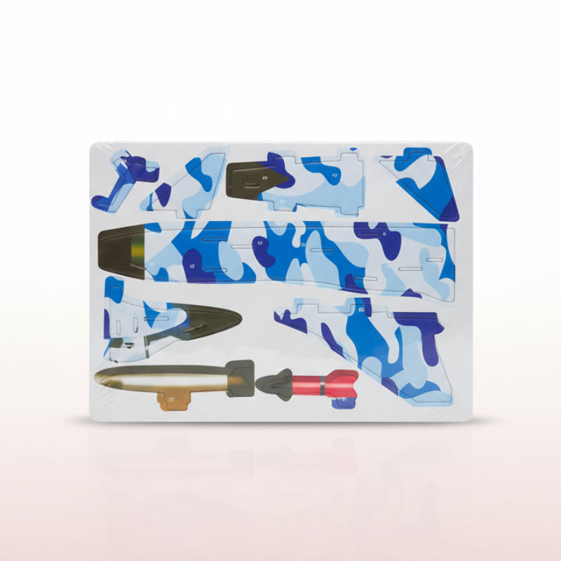 Camouflage-patterned toy box with a rocket on a wooden surface