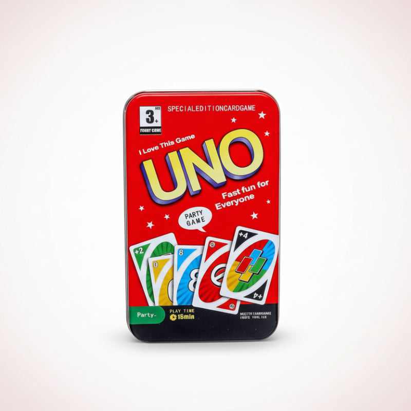 UNO card game packaging with colorful text and card illustrations on a red background