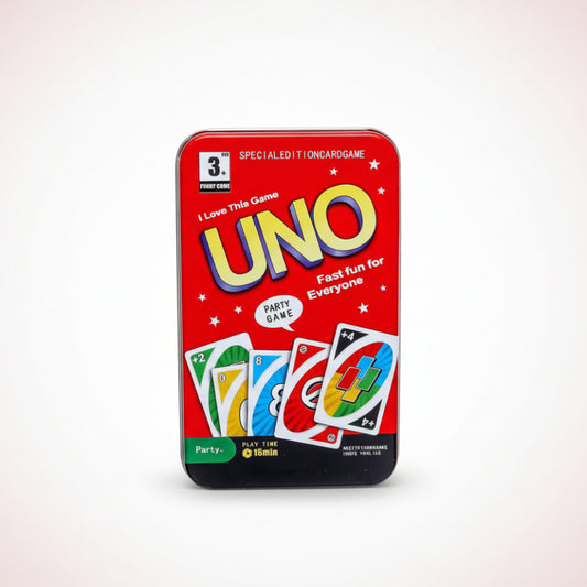 UNO card game packaging with colorful text and card illustrations on a red background
