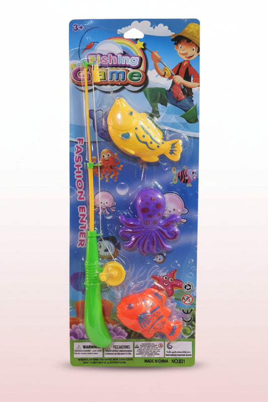Fishing game toy with packaging featuring colorful fish and an octopus on a blue background.