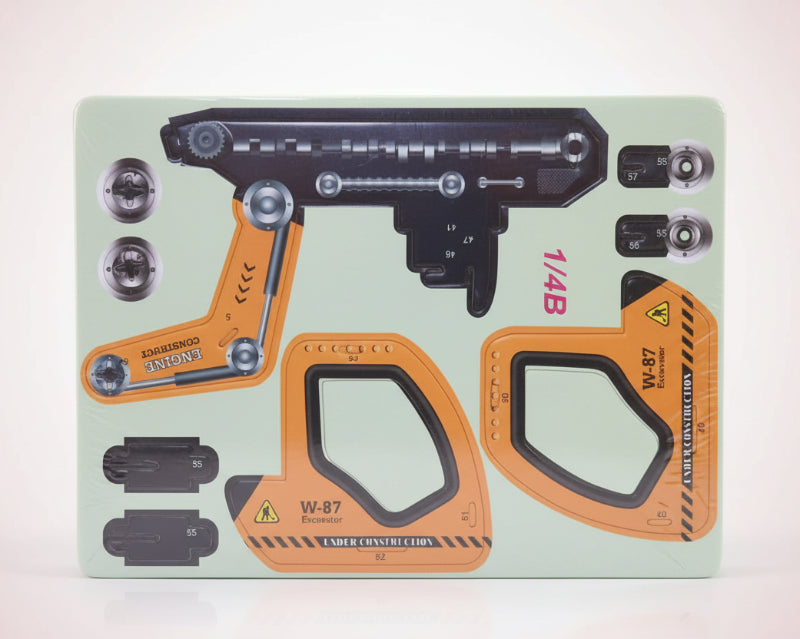 Construction toy set packaging with tools on a light green background