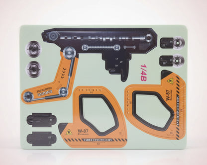 Construction toy set packaging with tools on a light green background