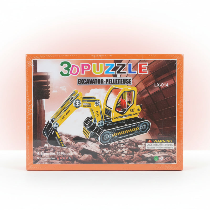 3D puzzle packaging of an excavator on a wooden surface