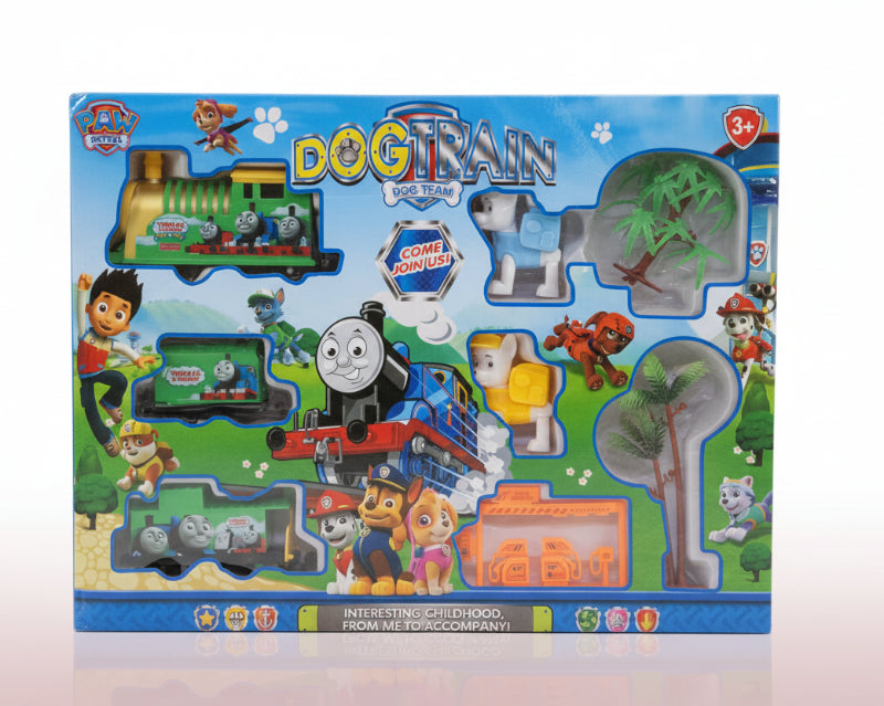 Toy train set packaging with characters from Paw Patrol and Thomas the Tank Engine on a blue background.