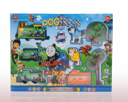Toy train set packaging with characters from Paw Patrol and Thomas the Tank Engine on a blue background.
