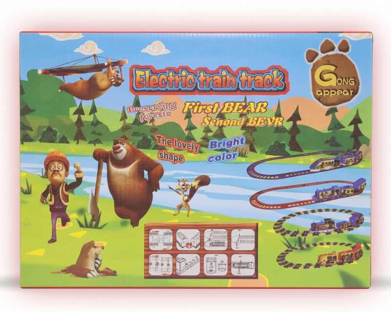 Box for an electric train track set with cartoon characters and scenic design.