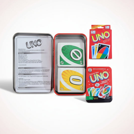 UNO card game packaging and cards on a wooden surface