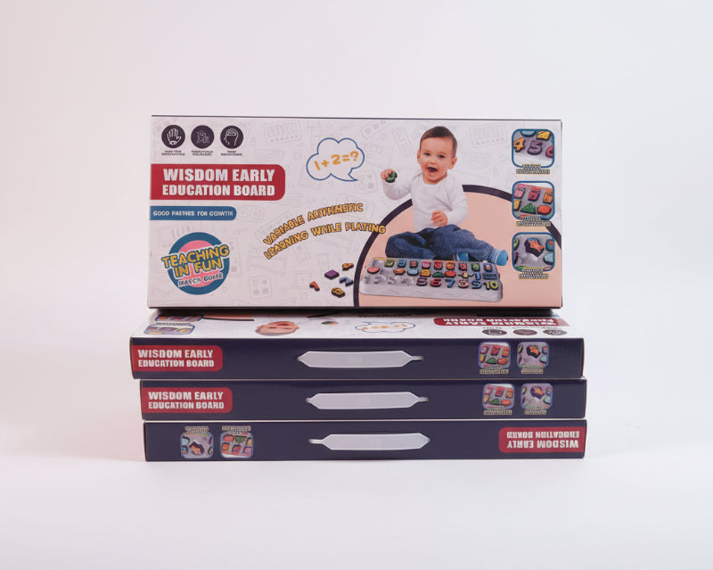 Two Wisdom Early Education Board boxes stacked on a wooden surface with a plain background.