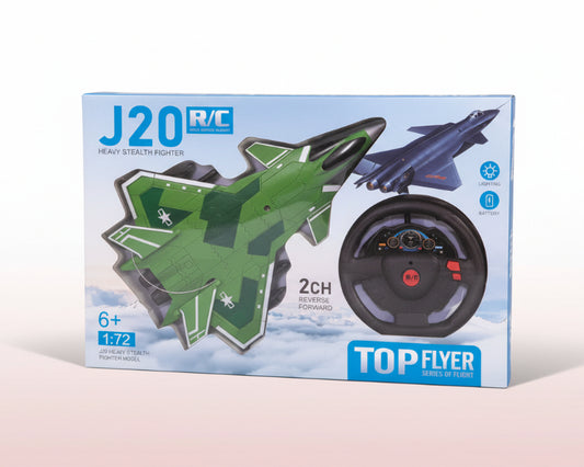 Boxed J20 R/C toy airplane on a wooden surface with a beige background