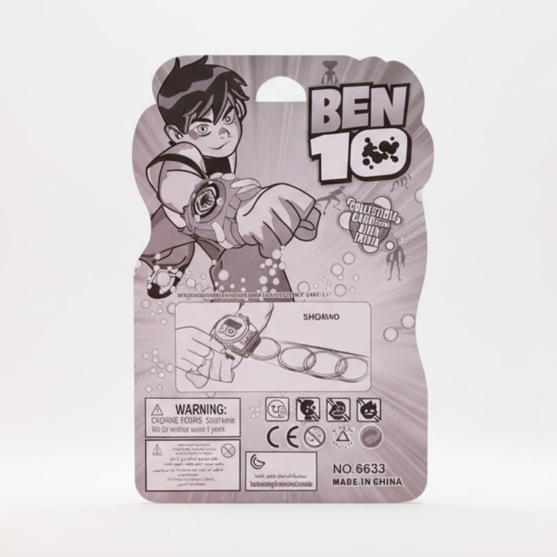 Ben 10 action figure packaging on a wooden surface with a plain background