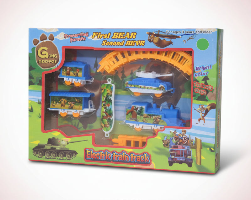 Box of an electric train track toy set with colorful graphics and text.