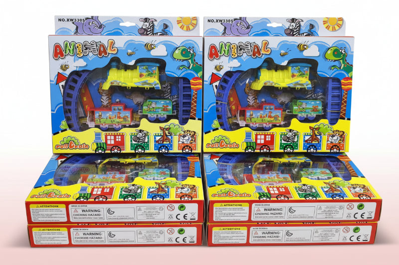 Four colorful toy train sets in their packaging on a wooden surface.