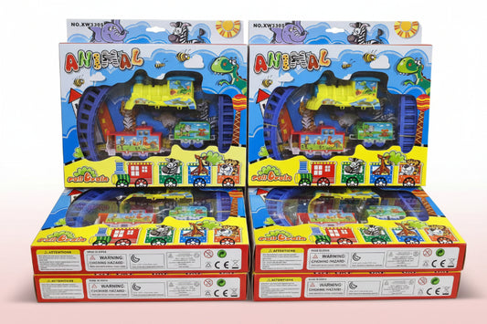 Four colorful toy train sets in their packaging on a wooden surface.