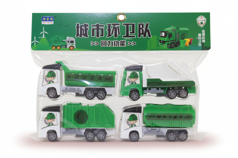 Packaged toy garbage trucks with green and white design on a wooden surface.