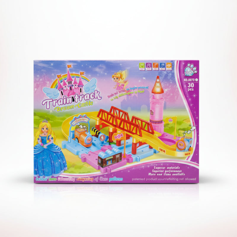 Box of a toy train track set with castle and fairy design
