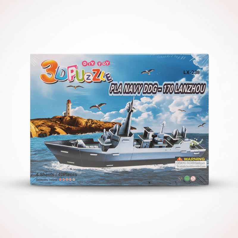 3D puzzle packaging of PLA Navy DDG-170 Lanzhou on a wooden surface with a scenic background.