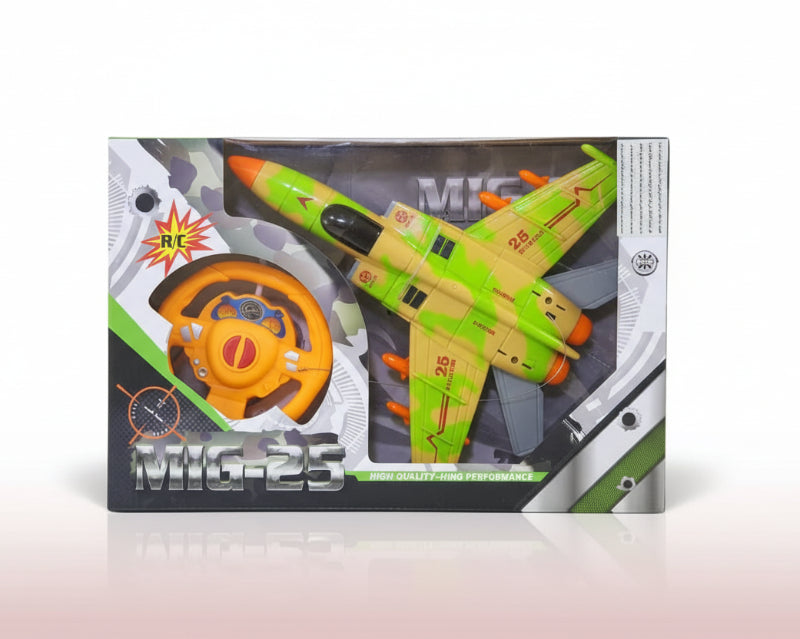 Toy airplane in packaging with 'MIG-25' branding on a wooden surface.
