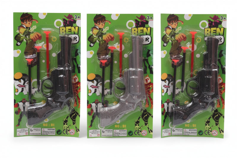 Three packages of Ben 10 toys with a clear weapon inside on a wooden surface.