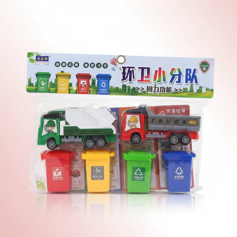 Packaged toy set with garbage trucks and bins on a wooden surface.