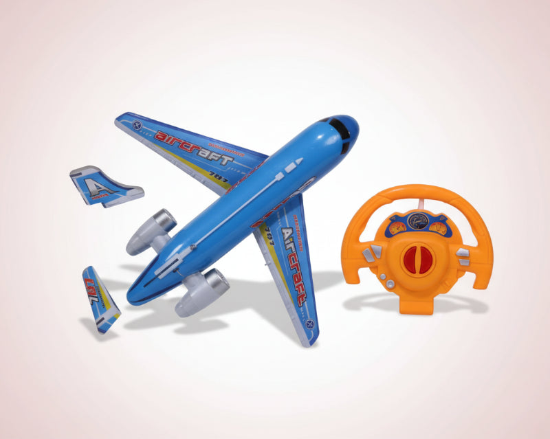 Box of a toy RC airplane with branding and product details on a wooden surface.