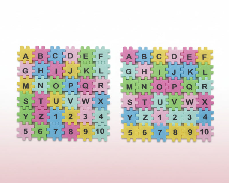 Colorful alphabet and number puzzle mats on a wooden surface