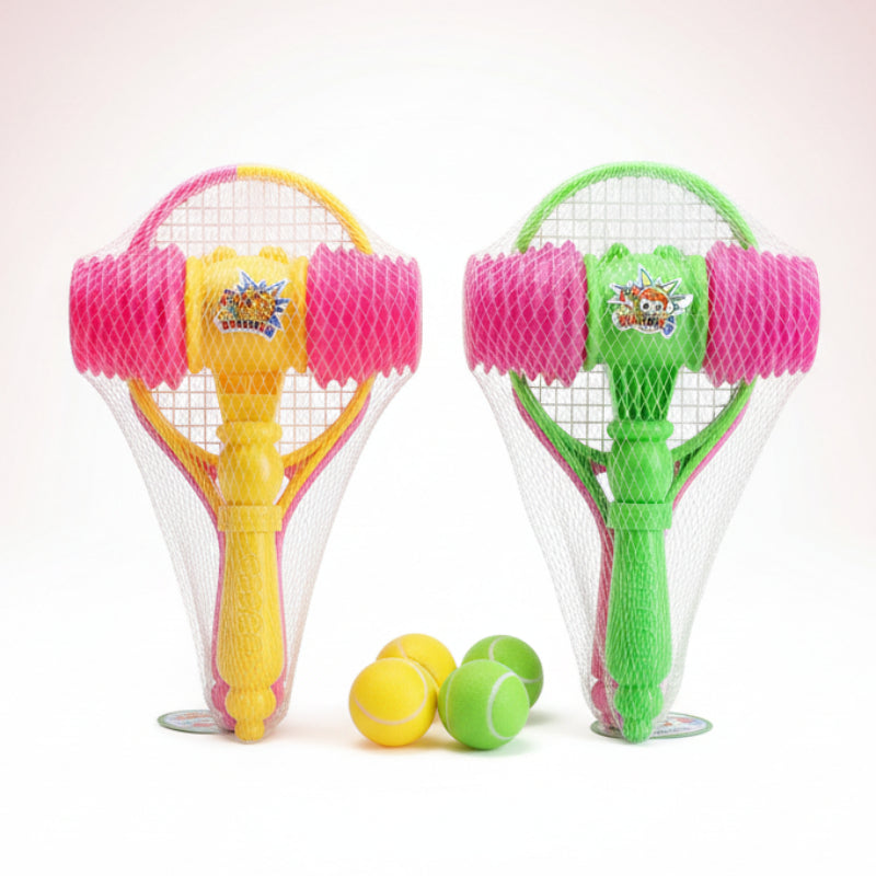 Two colorful toy hammers in mesh bags on a wooden surface