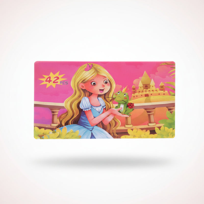 Card with a cartoon girl and frog on a pink background