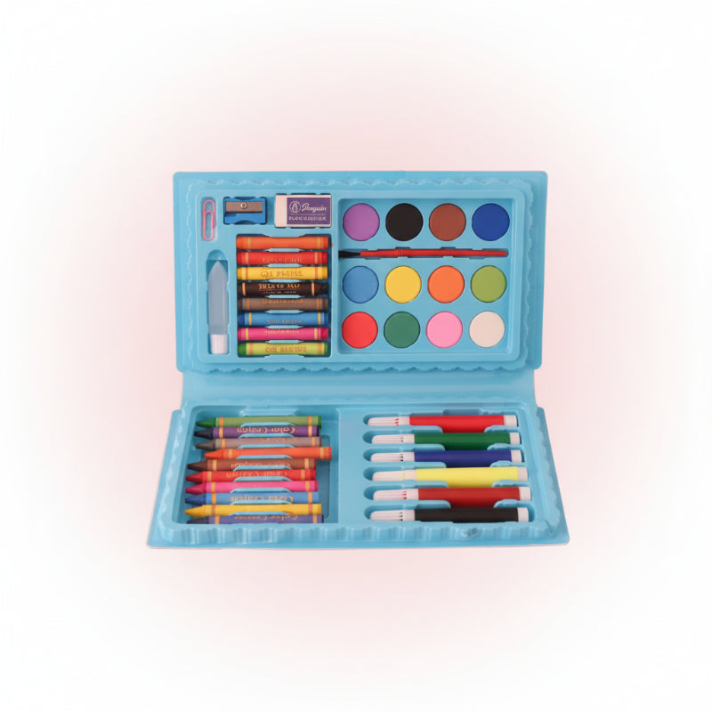 Open art supply set with crayons, markers, and paint on a wooden surface