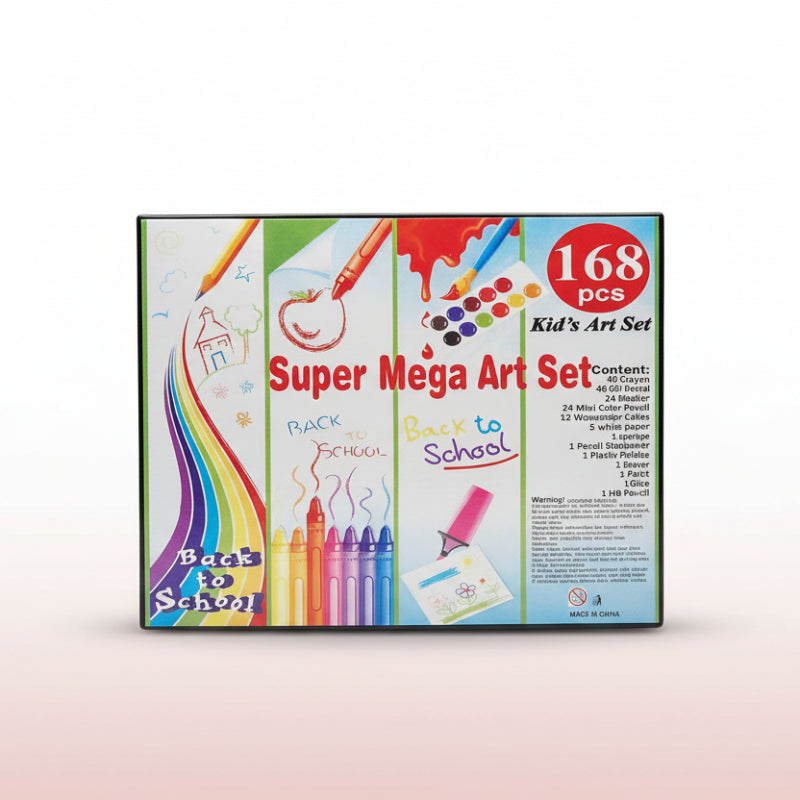 Super Mega Art Set packaging with colorful illustrations on a wooden surface