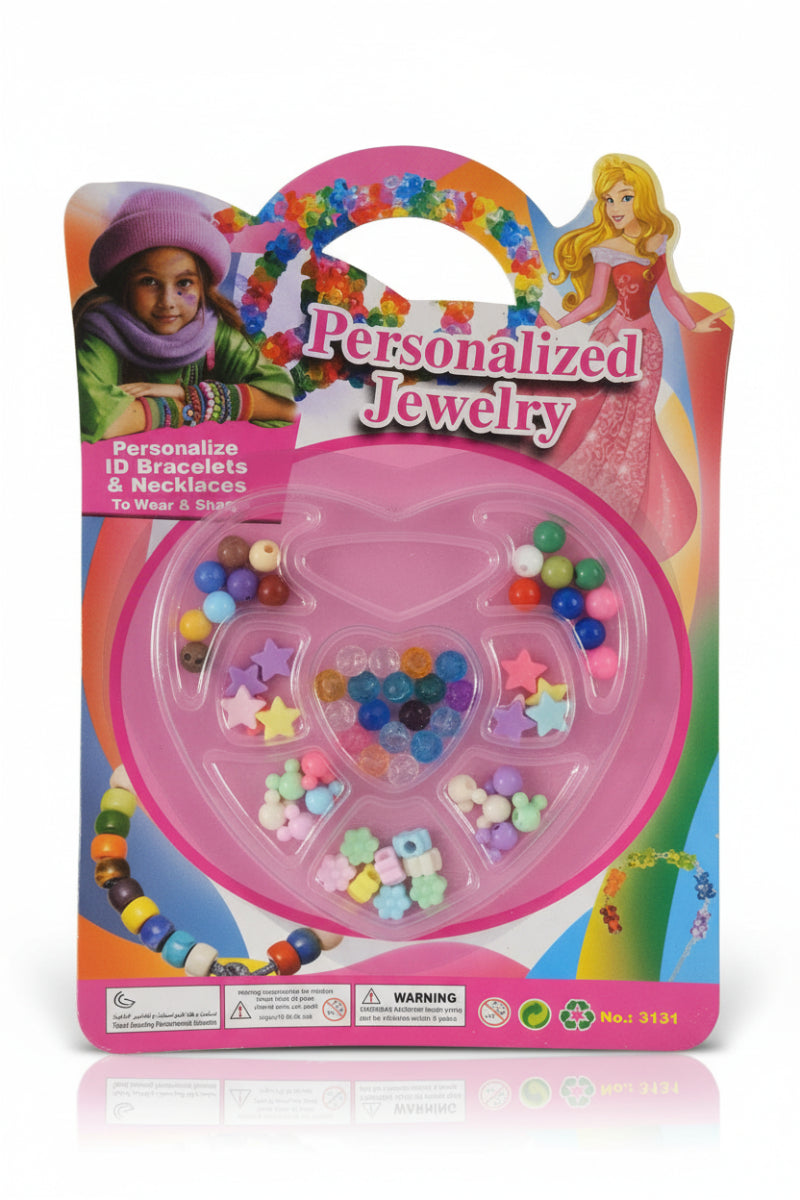 Personalized jewelry kit packaging with colorful beads and a cartoon character on a wooden surface.