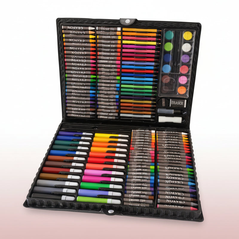 Set of colored pencils and art supplies in a black case on a wooden surface.