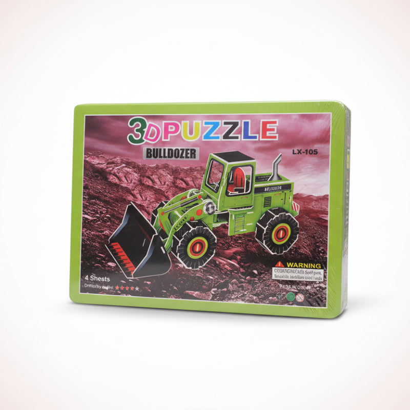 3D puzzle packaging of a bulldozer on a wooden surface with a white background