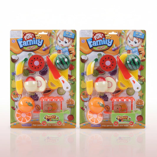 Two packages of 'Fun Family' toy fruit set on a wooden surface with a white background.