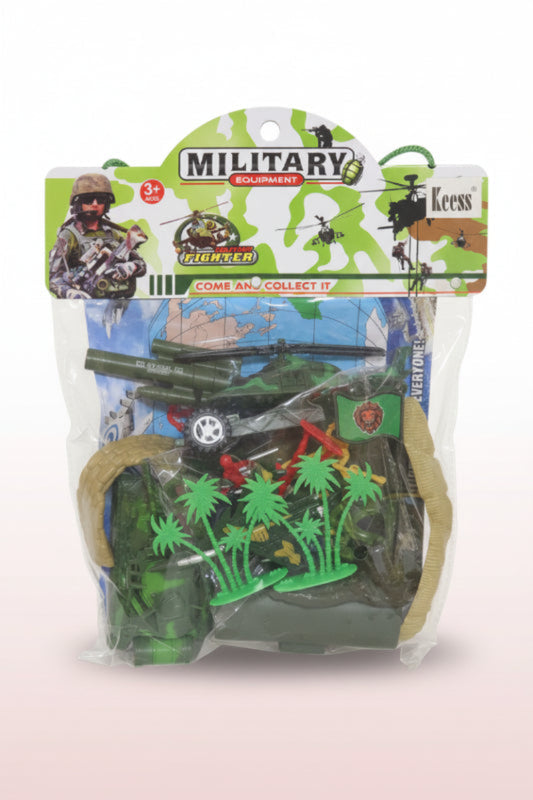 Toy military set in packaging with palm trees on a wooden surface